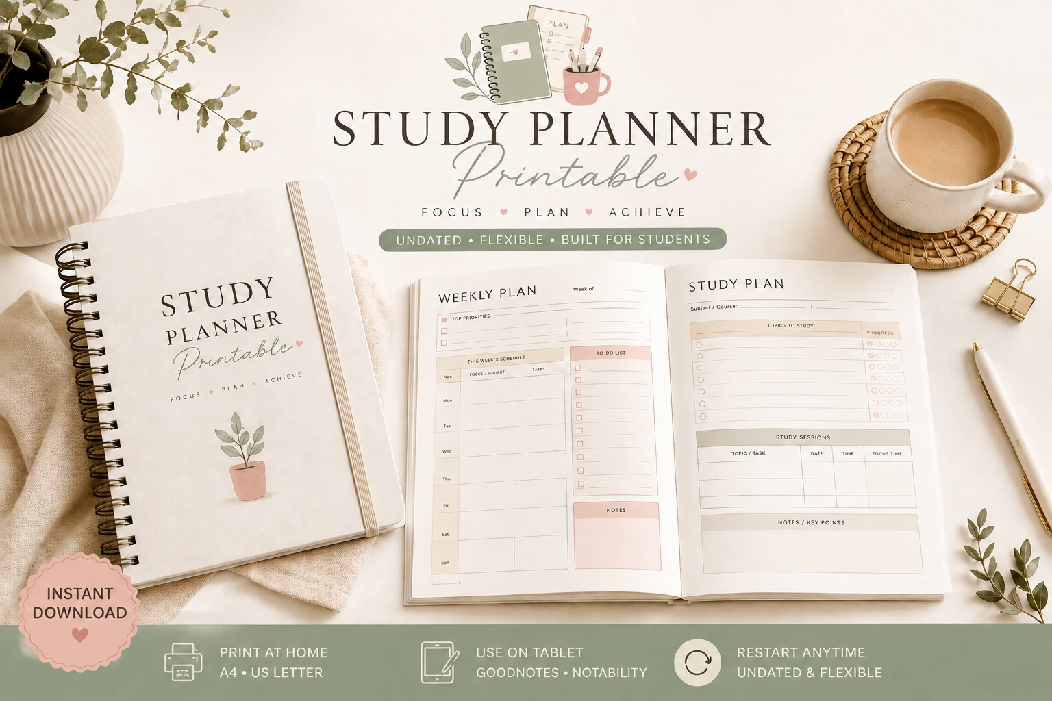 Study Planner cover next to an open weekly planning page showing assignment and revision trackers