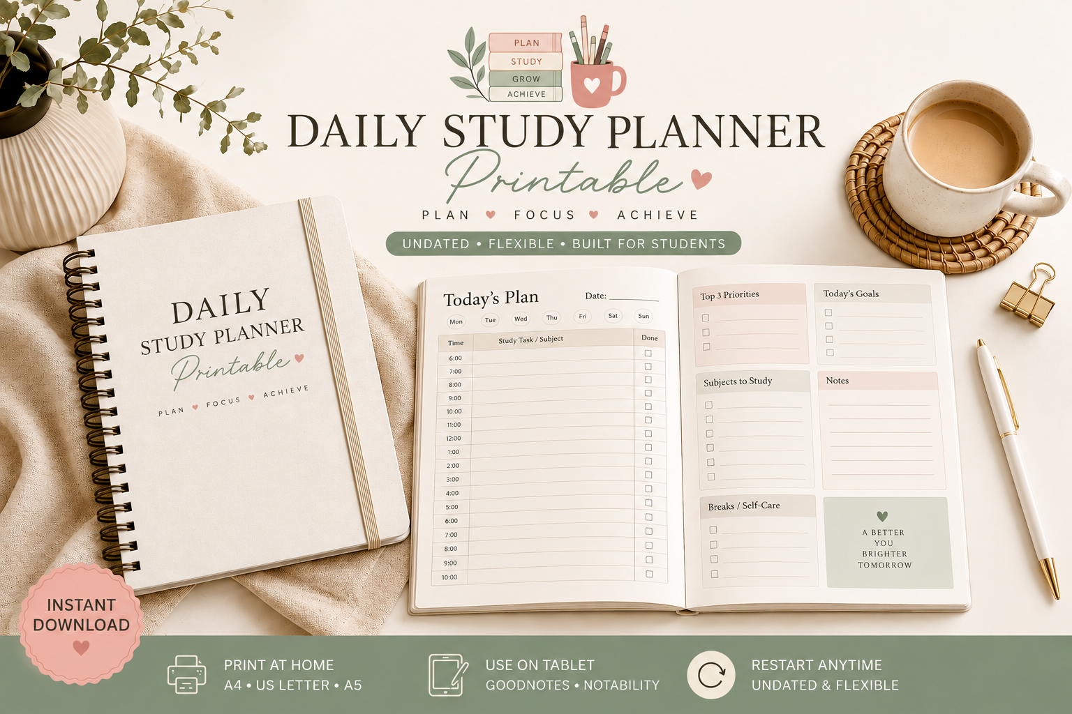 Daily study planner printable template