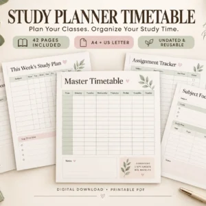 Student Study Planner Timetable Printable PDF | Subject & Study Schedule Planner
