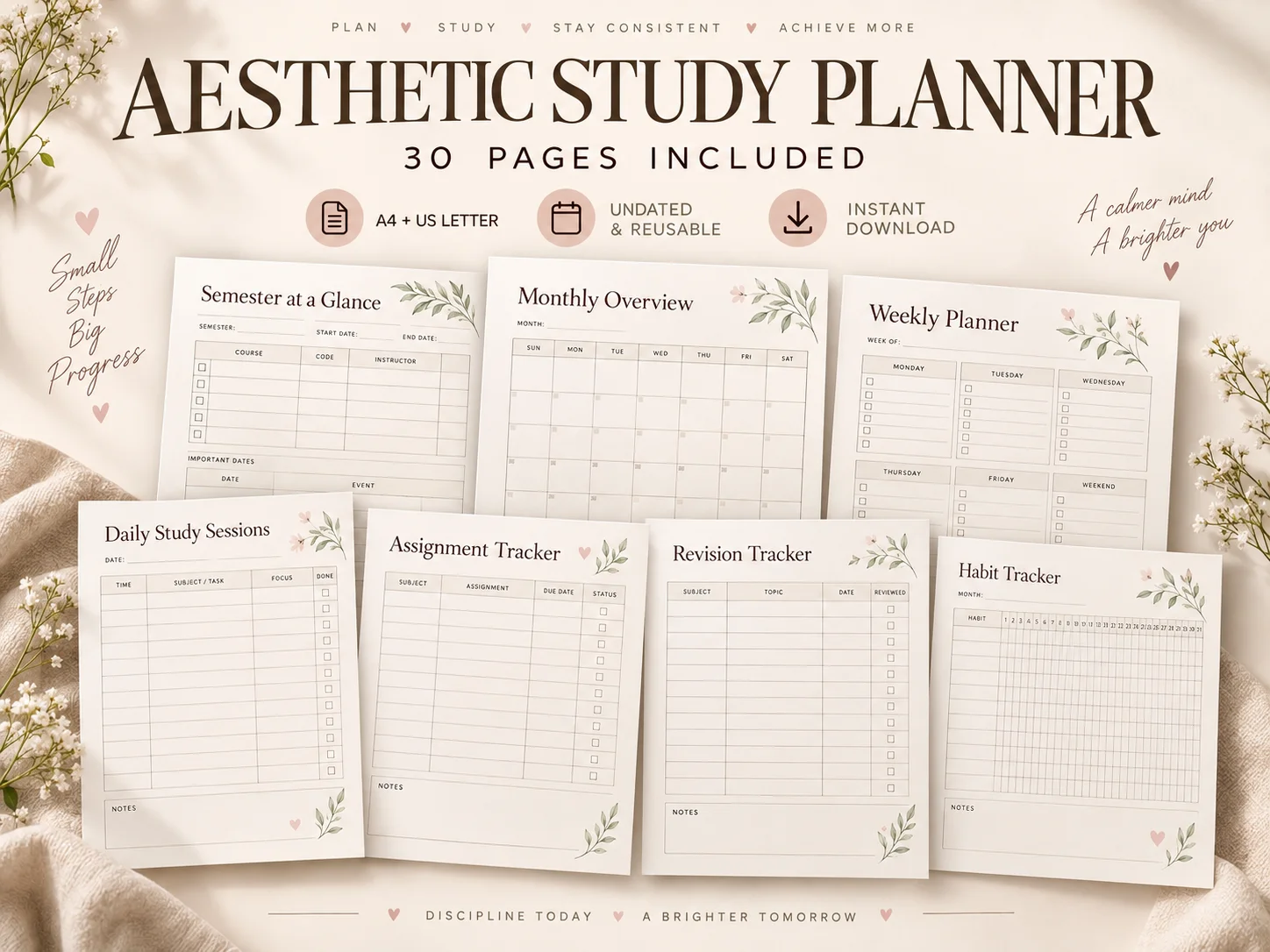 Aesthetic Study Planner Printable PDF | Cute, Minimalist & Pastel Student Planner