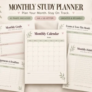 Monthly Study Planner Printable PDF | 40-Page Academic Planner for Students