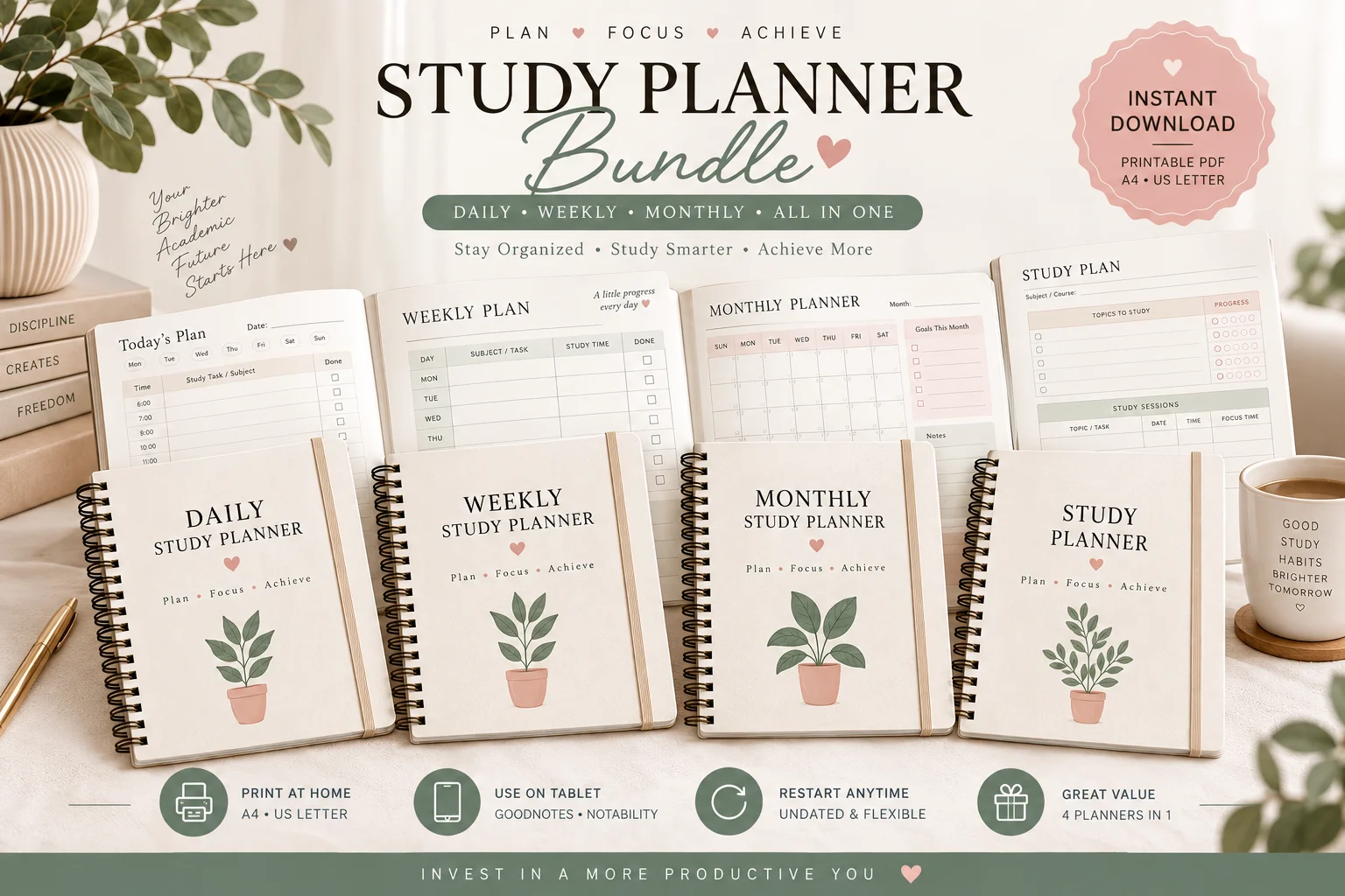 Complete Study Planner Bundle including the Study Planner Printable, Daily Study Planner, Weekly Study Planner, and Monthly Study Planner