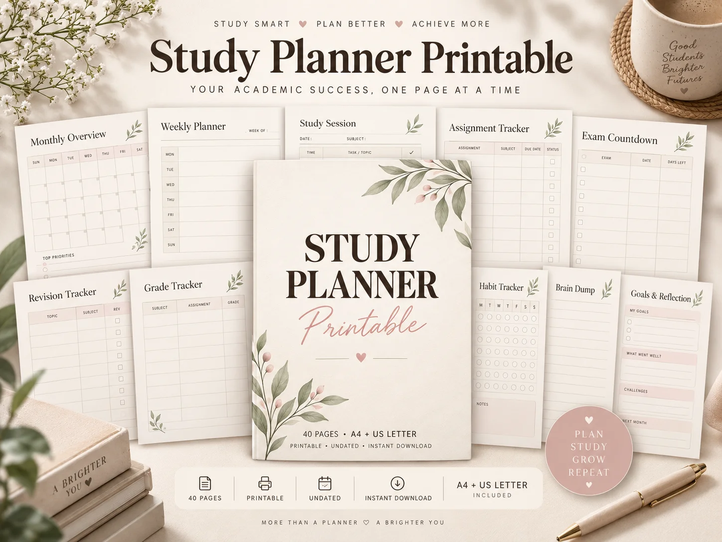 Study Planner Printable — Undated Student Planner for Assignments, Revision & Exams